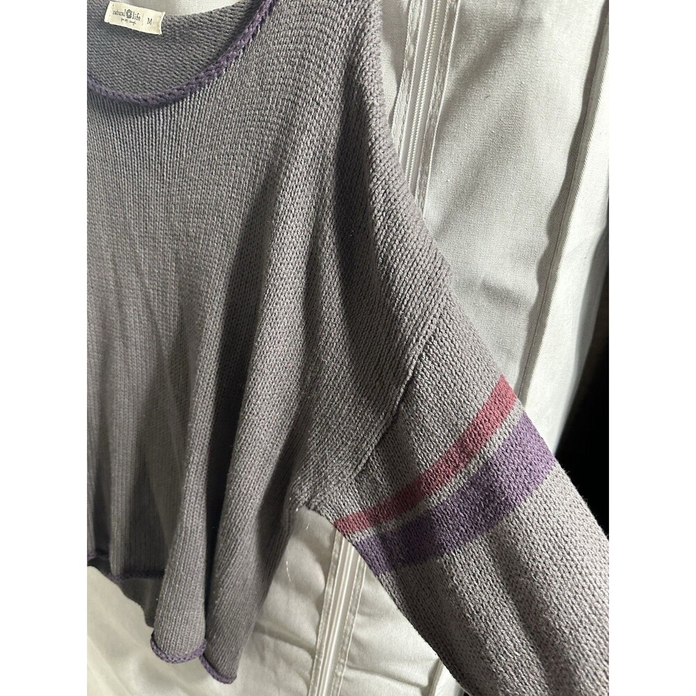 Natural Life Gray Knit Scoop Neck Relaxed Fit Sweater Size Medium Striped Trim - Picture 3 of 7